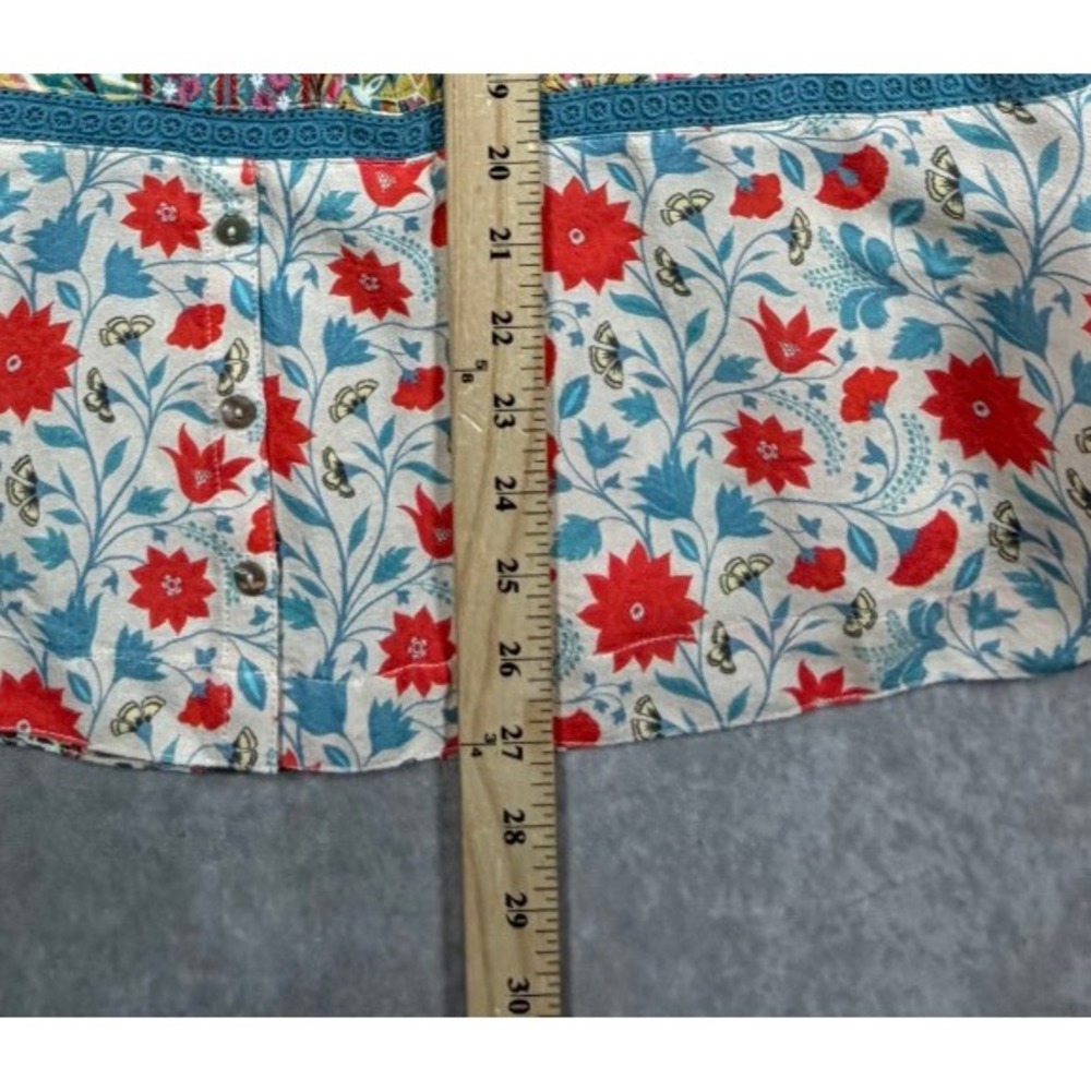 John Mark Womens XL Blouse Rayon Multicolor Floral Patchwork Boho Tassel Tie - Picture 6 of 9